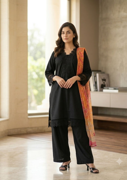 Black kurta with matching black trouser 2pc set - front view