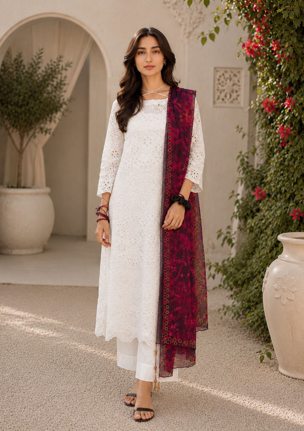 White chikankari embroidered shirt with plazo trouser 2pc suit