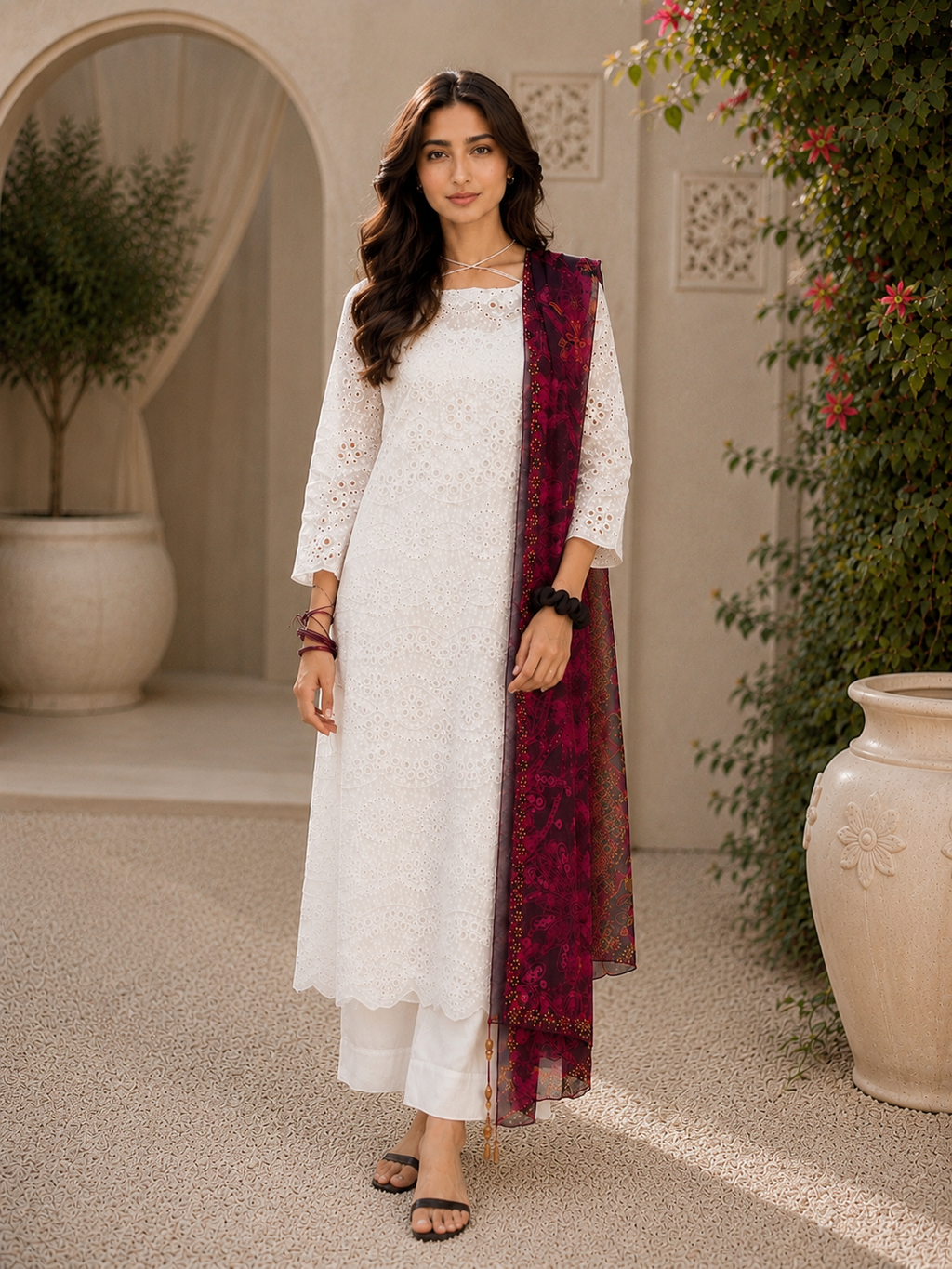 White chikankari suit embroidery close-up detail