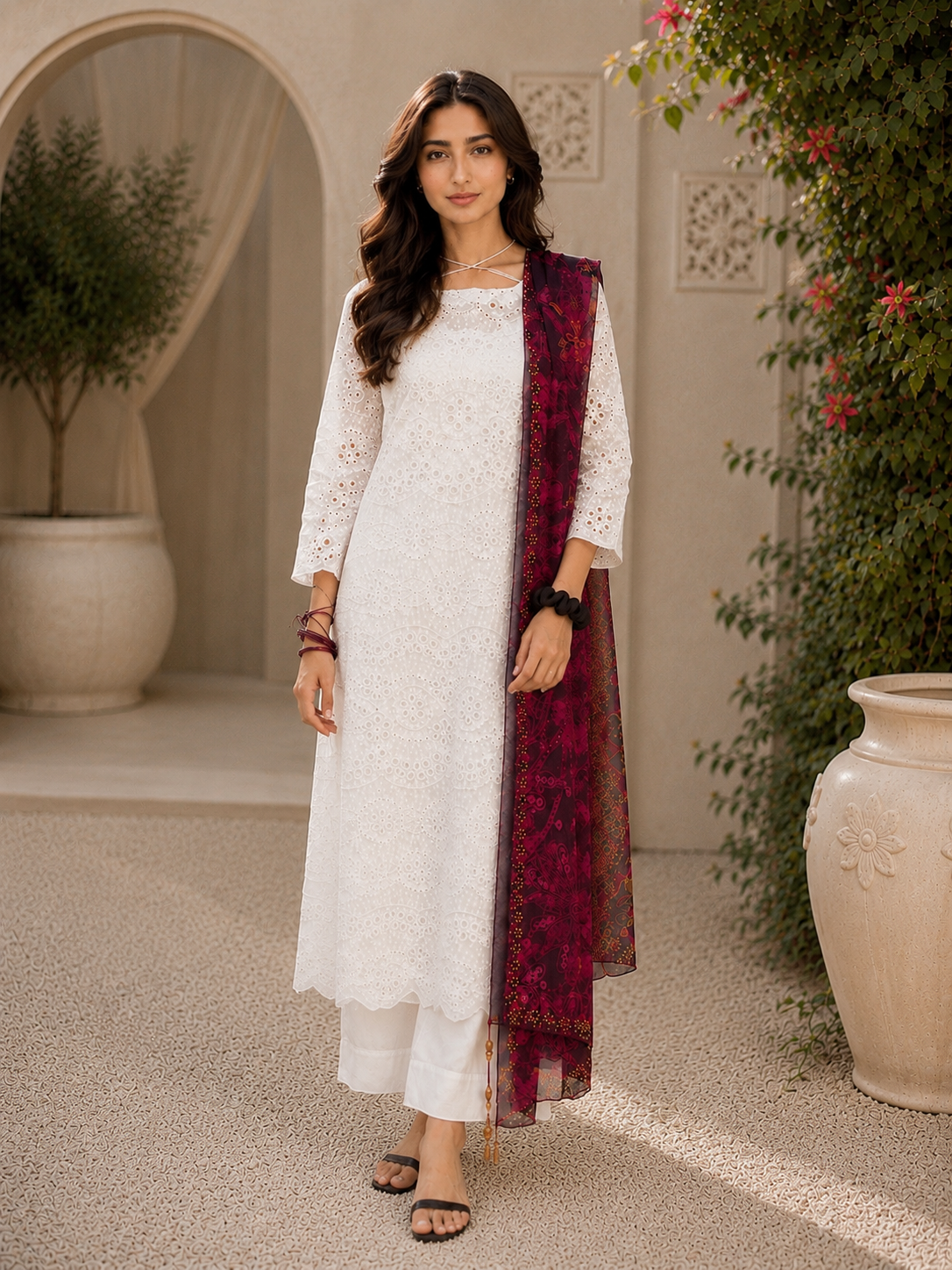 White chikankari suit embroidery close-up detail